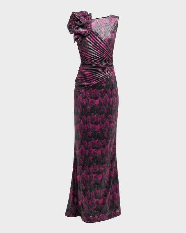 Pleated Abstract-Print Sequin Gown